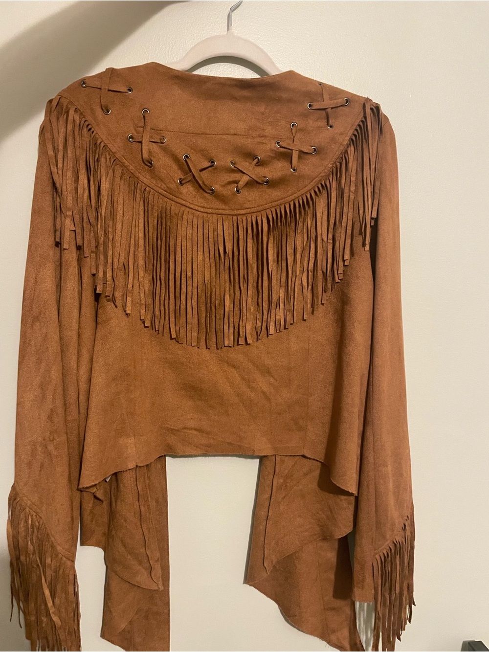 Brown Suede-Look Fringe Open Front Jacket - Picture 2 of 3